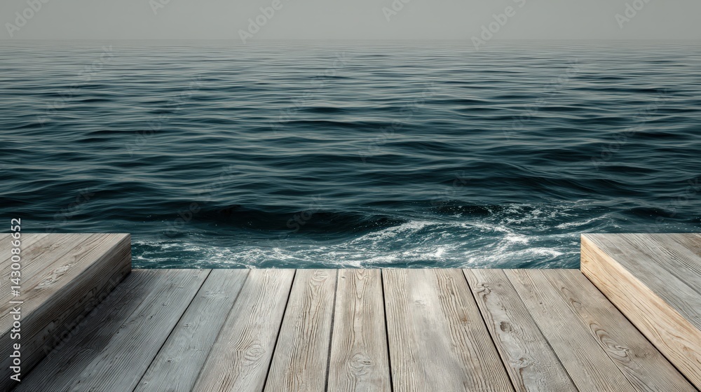 Serene wooden dock overlooking calm water with gentle waves lapping against the structure, creating a peaceful scene Serene wooden dock overlooking calm water with gentle waves lapping against the structure, creating a peaceful scene
