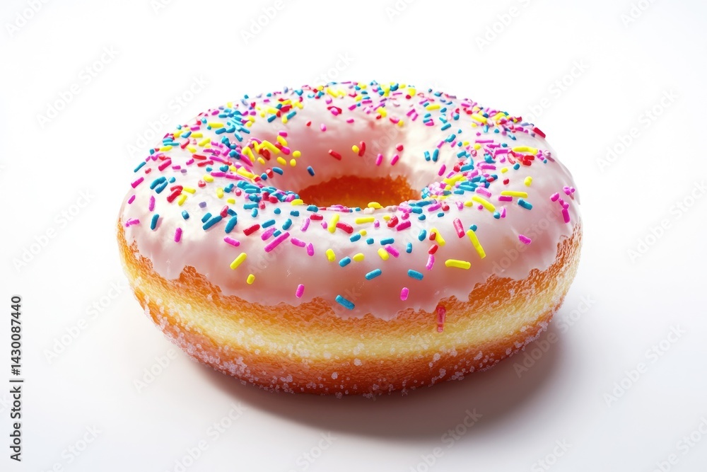 A delicious pink frosted donut generously sprinkled with colorful candy. A delicious pink frosted donut generously sprinkled with colorful candy.