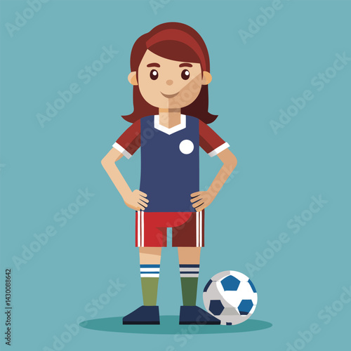 Soccer women, female football player with ball, isolated vector , high contrast illustration, front view 