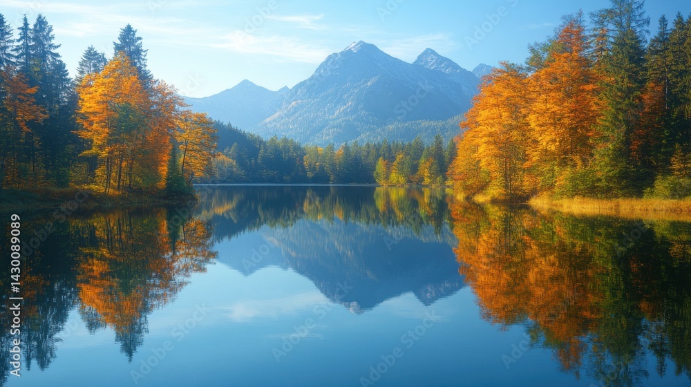 Autumn landscape with colorful trees reflecting in tranquil lake Autumn landscape with colorful trees reflecting in tranquil lake