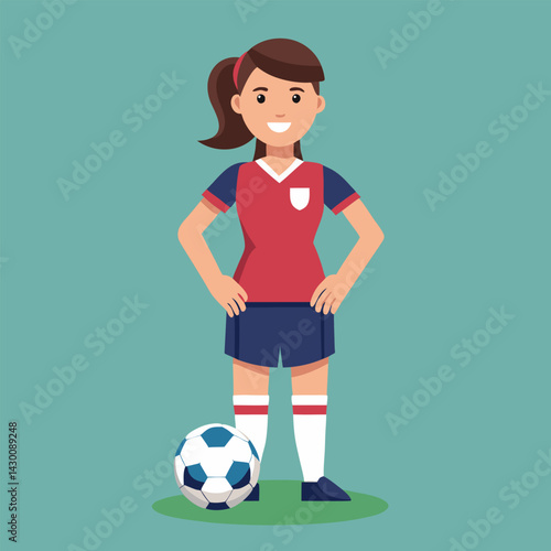Soccer women, female football player with ball, isolated vector , high contrast illustration, front view 