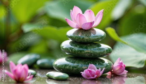 Serene stacked stones with pink lotus flowers in nature  