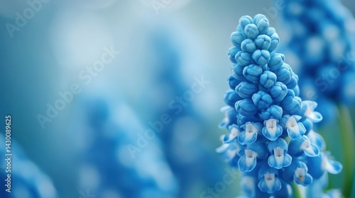 Close-up of a single blue Muscari flower with blurred background.
