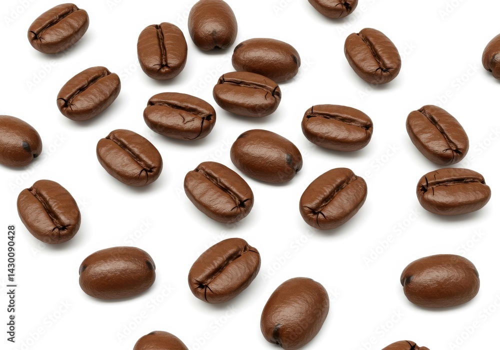 Scattered coffee beans on a white surface creating a simple and clean food and drink still life shot Scattered coffee beans on a white surface creating a simple and clean food and drink still life shot