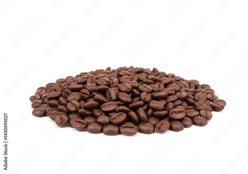 Obraz premium Pile of roasted coffee beans on a white surface creating a simple and clean studio shot setting up close