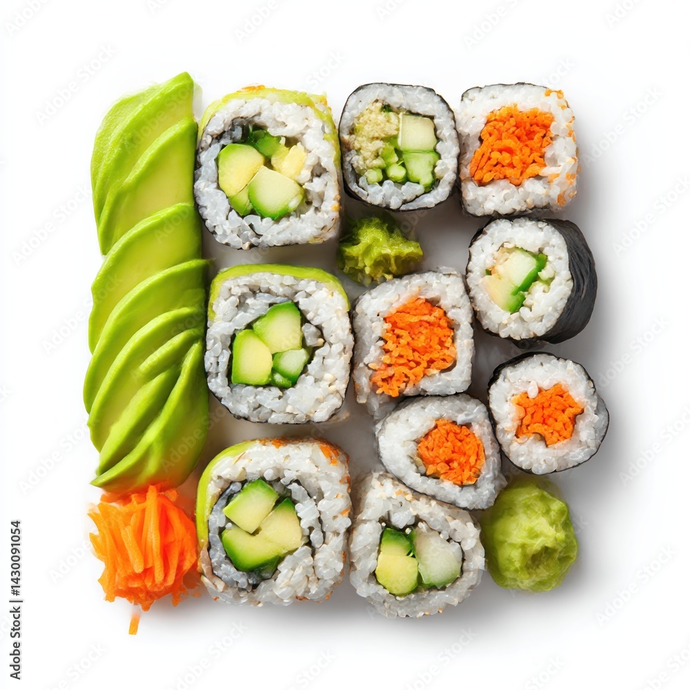 Assorted sushi rolls on white background Assorted sushi rolls on white background
