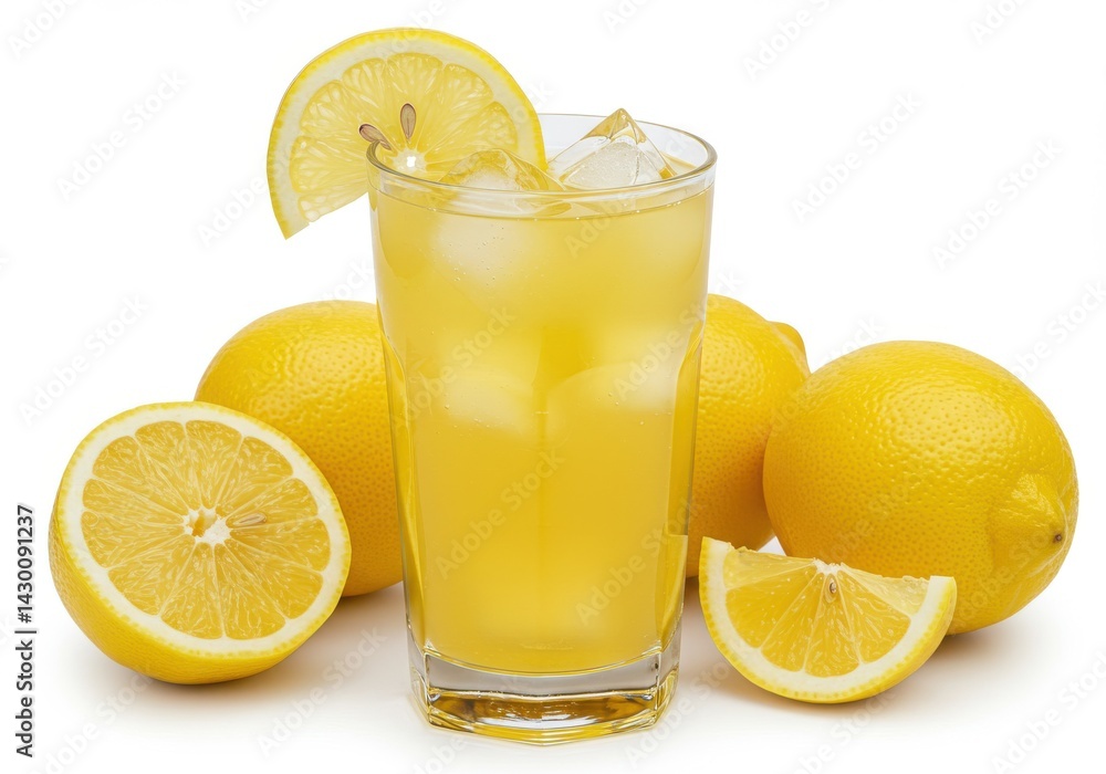 A glass of lemonade with ice cubes and a lemon slice surrounded by whole and sliced fresh lemons A glass of lemonade with ice cubes and a lemon slice surrounded by whole and sliced fresh lemons