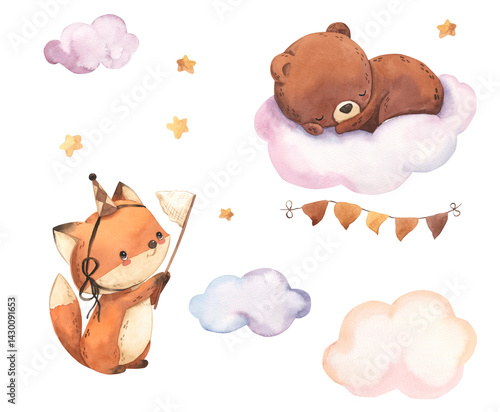 Watercolor fox and sleeping bear on cloud illustration for kids
