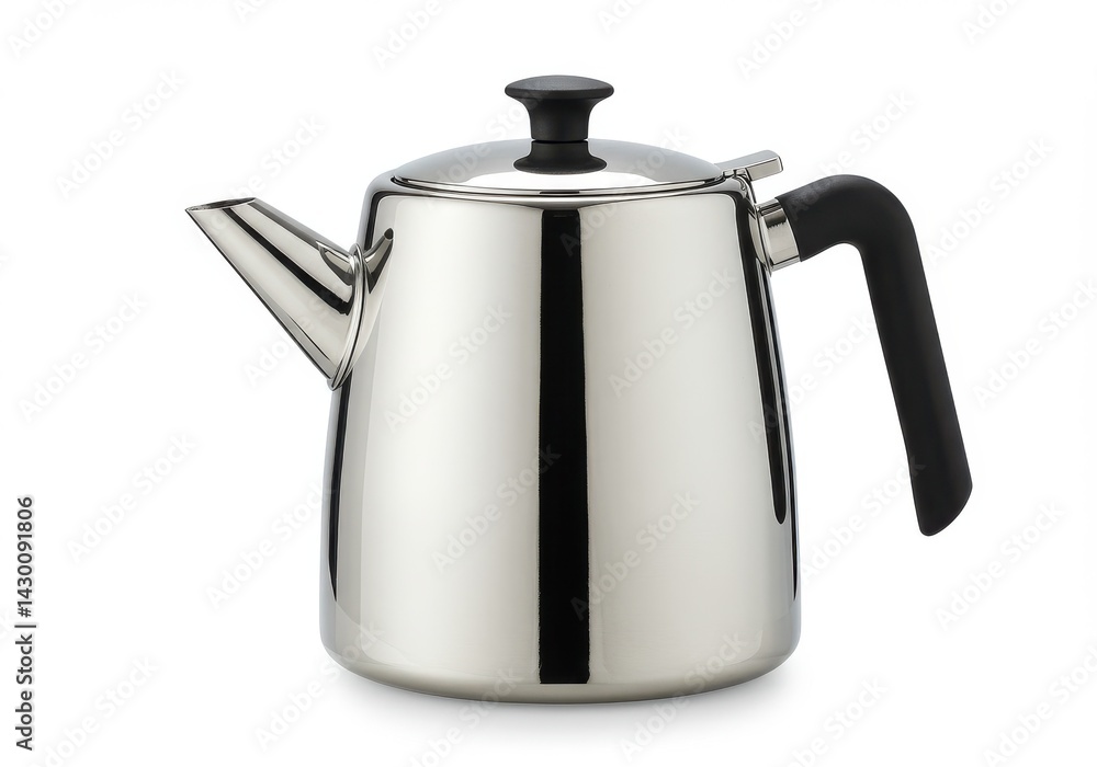 A polished stainless steel tea kettle with a black handle and lid knob on a white background surface A polished stainless steel tea kettle with a black handle and lid knob on a white background surface