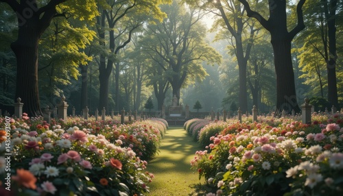 Walking Through Flower Garden Path with Trees