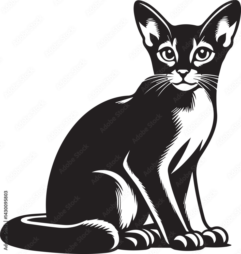 Obraz premium Black and White Abyssinian Cat Vector Illustration – Minimalist Feline Art