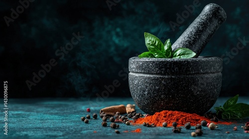 Mortar and pestle with spices and herbs for cooking.