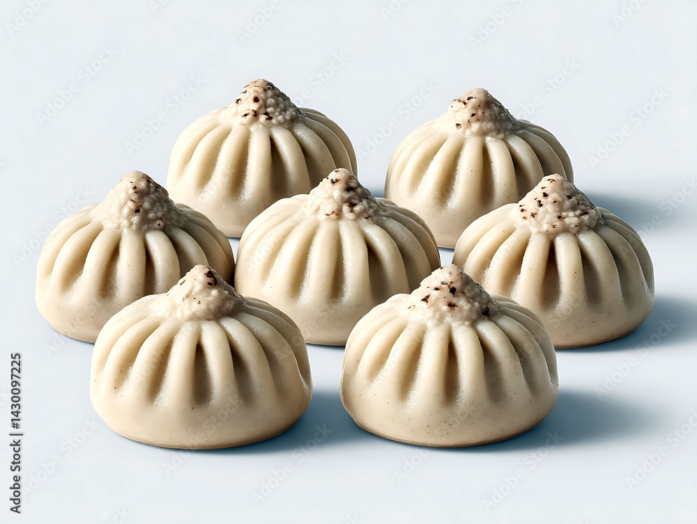 Obraz premium Seven Delicious Khinkali Dumplings Artfully Arranged on a Soft Blue Background