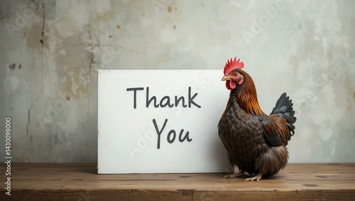 A charming chicken stands beside a handwritten 'Thank You' sign, adding rustic charm and warmth to any setting.