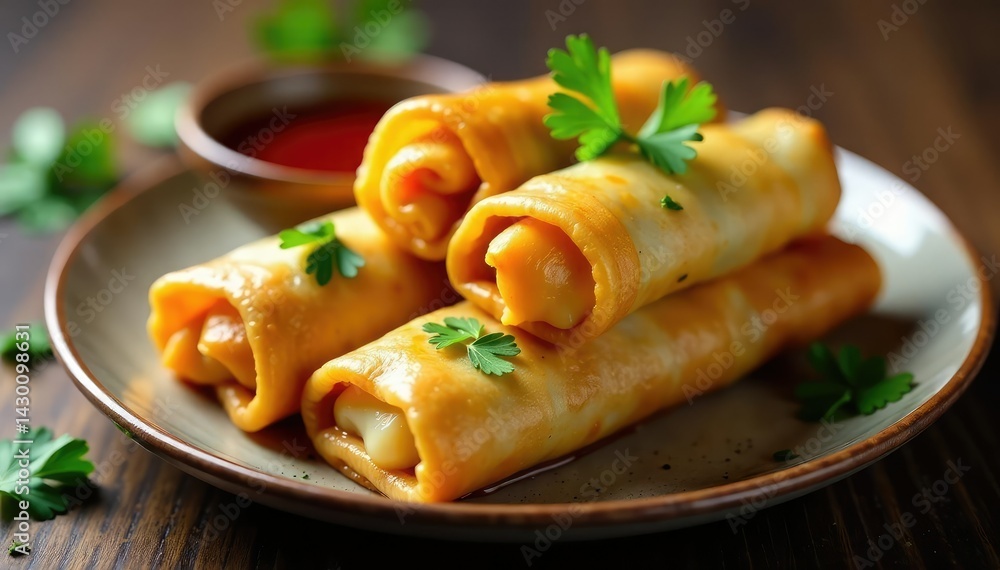Crispy spring rolls, dipping sauce, garnished cilantro , food photography, shrimp Crispy spring rolls, dipping sauce, garnished cilantro , food photography, shrimp