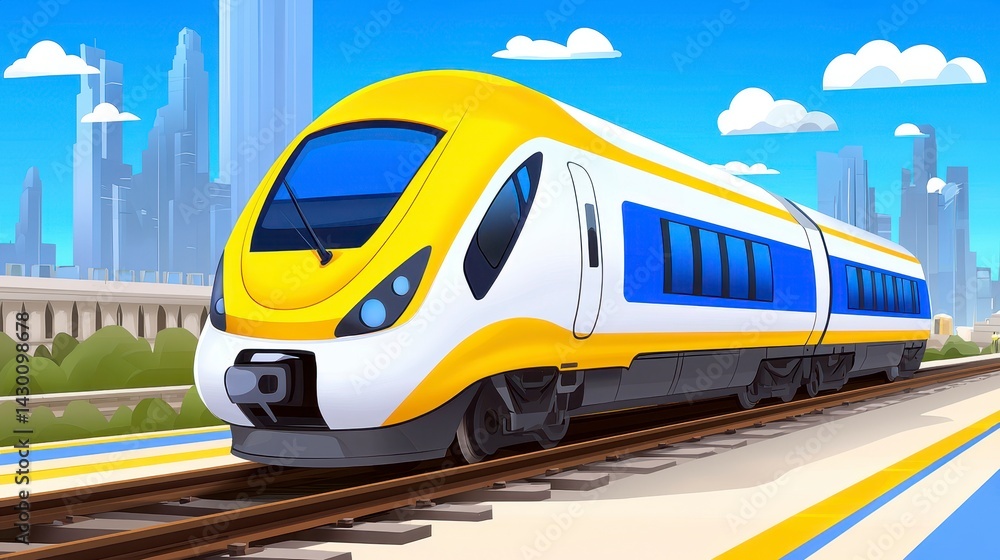 Fototapeta premium Modern High-Speed Train on Tracks Against a Bright Cityscape with Blue Skies and Clouds
