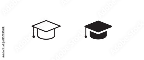 Outline Mortar Board or Graduation Cap. Educator graduation icon, seminar, classes line icons set, editable stroke isolated on white, linear vector outline illustration, symbol logo design style