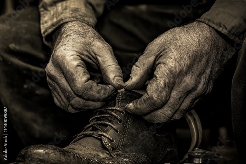 Close-up of weathered hands tying shoelaces, depicting hard work and age.