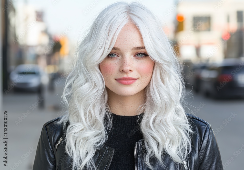 Fototapeta premium Beautiful woman with white hair in a city environment.