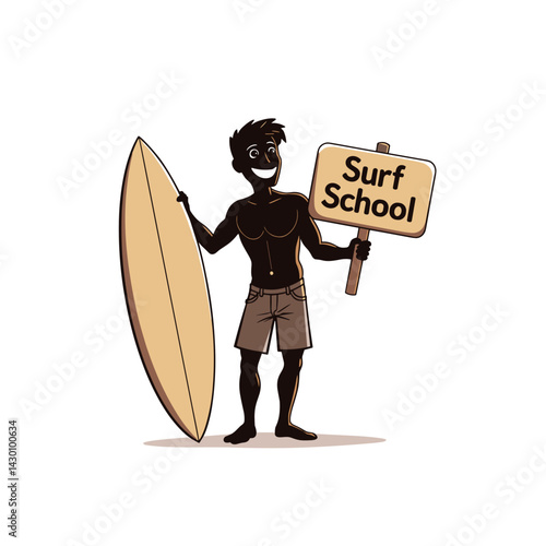 A tanned surfer holds in his hands a sign of a surf school with a surfboard