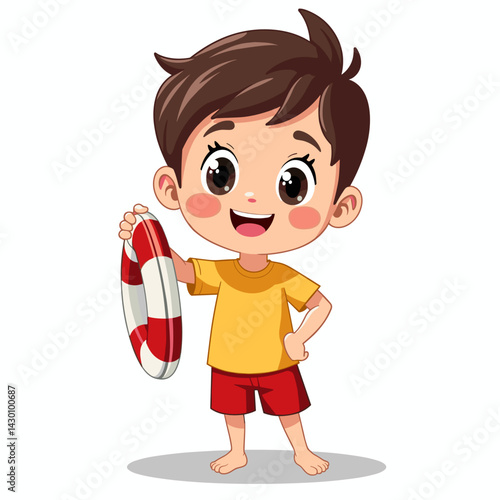 Smiling boy holding lifebuoy in summer outfit