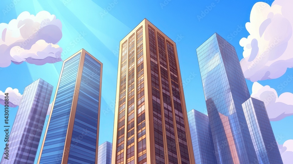Modern Skyscrapers Under Bright Blue Sky with Fluffy White Clouds and Sunlight Modern Skyscrapers Under Bright Blue Sky with Fluffy White Clouds and Sunlight