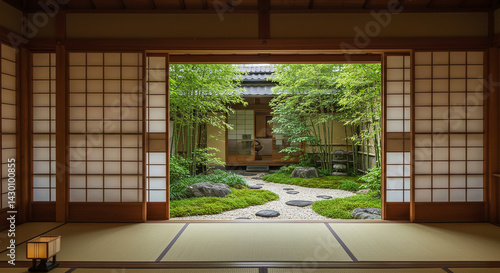 Wallpaper Mural Traditional Room Opens to a Serene Japanese Garden with Bamboo and Stone Path Torontodigital.ca