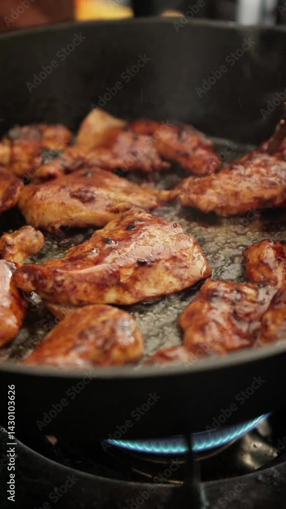 The chicken fillet is pan seared in a hot cast iron skillet The chicken fillet is pan seared in a hot cast iron skillet