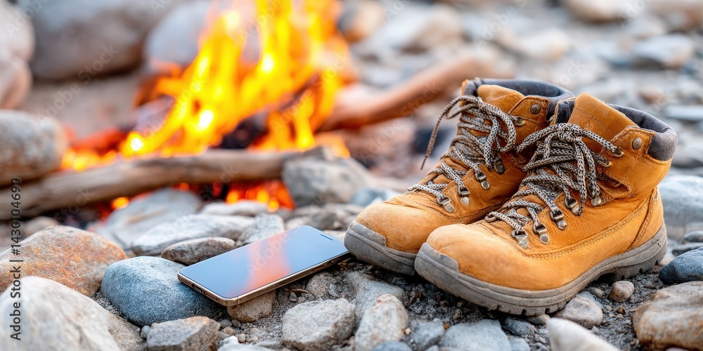 Hiking Boots Resting by a Campfire in Nature with a Smartphone on Rocky Terrain Hiking Boots Resting by a Campfire in Nature with a Smartphone on Rocky Terrain