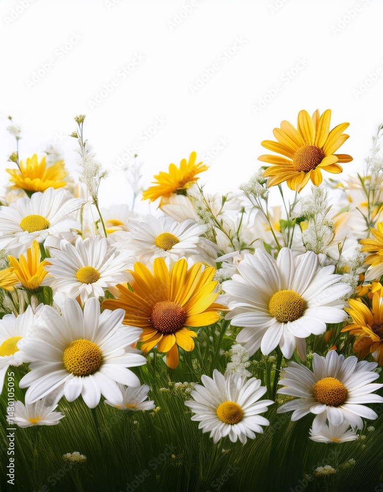 Daisy flowers field, white background Daisy flowers field, white background