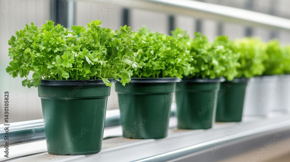 Fresh cilantro plants aligned in pots on a greenhouse shelf during bright daylight hours for urban gardening enthusiasts Fresh cilantro plants aligned in pots on a greenhouse shelf during bright daylight hours for urban gardening enthusiasts