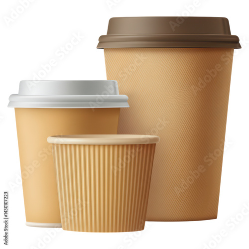 Assorted Disposable Coffee Cups in Various Sizes and Colors, isolated on transparent background.