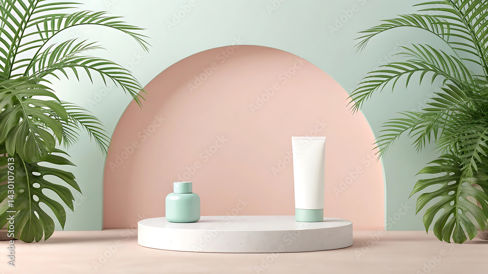 Pastel Product Presentation Elegant Minimalist Scene with Tropical Plants Pastel Product Presentation Elegant Minimalist Scene with Tropical Plants