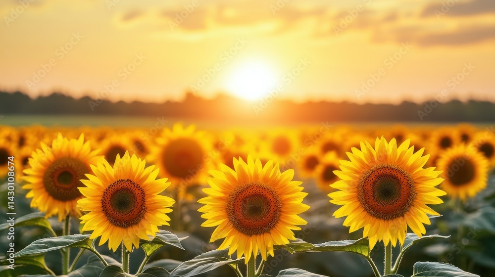 Obraz premium Vibrant sunflower field at sunset with golden hues and serene landscape