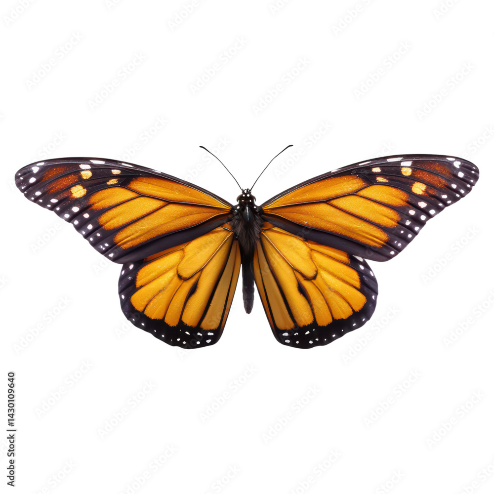 Fototapeta premium Vibrant Monarch Butterfly with Detailed Wing Patterns and Colors, isolated on transparent background.