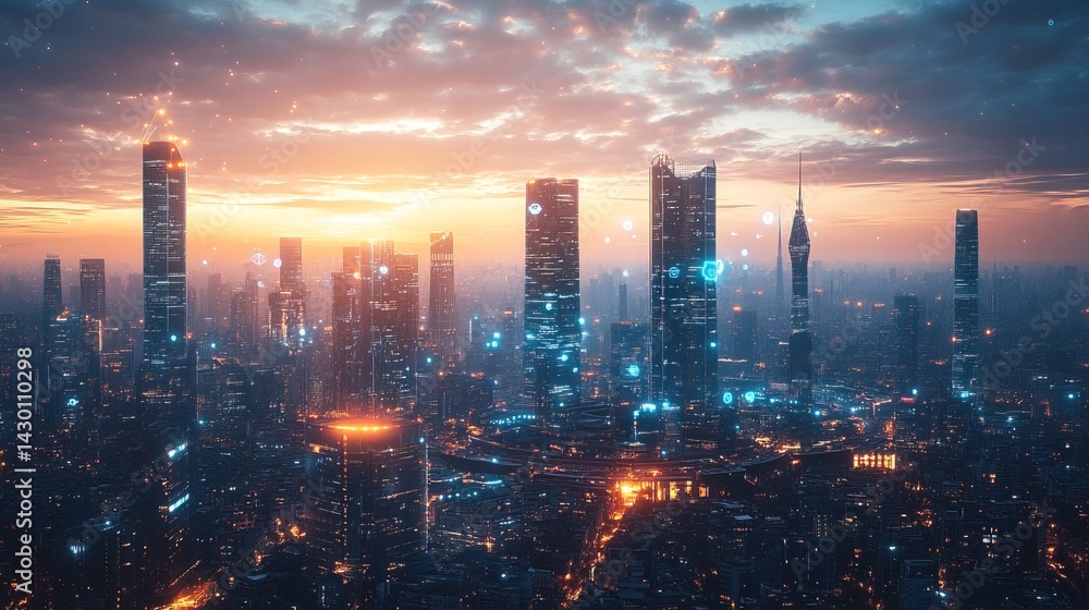 Fototapeta premium Futuristic Cityscape at Sunset