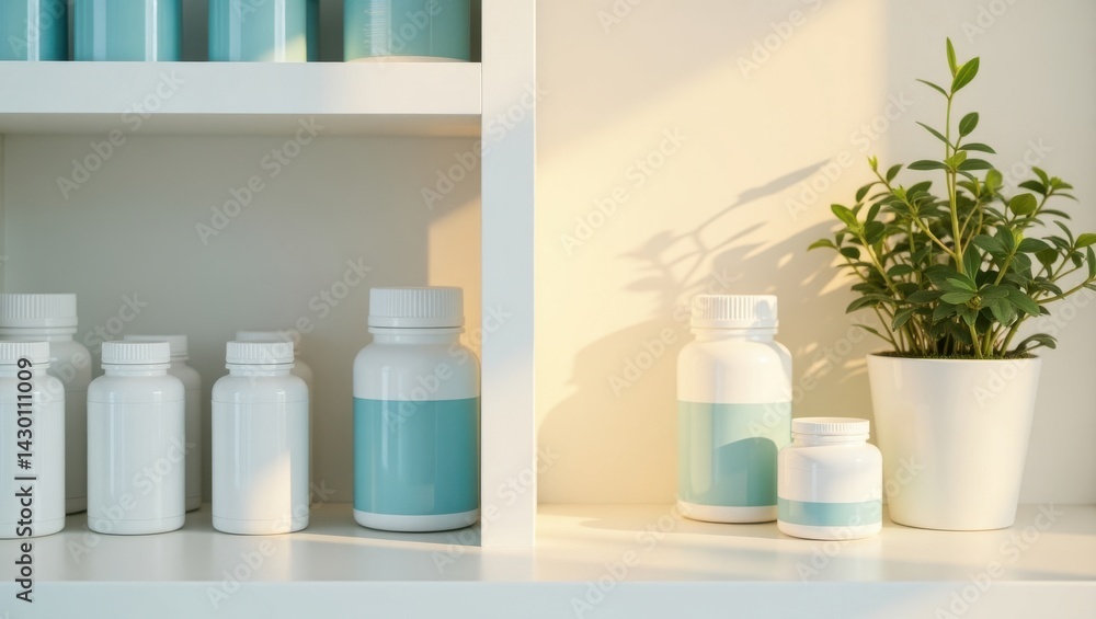 Supplements and Plant Arrangement on White Shelf Supplements and Plant Arrangement on White Shelf