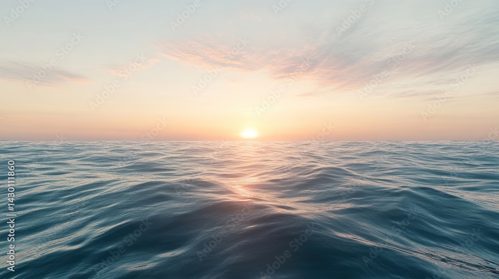 Obraz premium A serene sunrise over a peaceful ocean with gentle waves and a bright sky, reflecting the essence of joy and happiness.