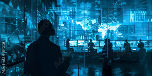 Wallpaper Mural Futuristic control room with digital interfaces and global monitoring, Silhouetted professionals in advanced operations center with data screens Torontodigital.ca