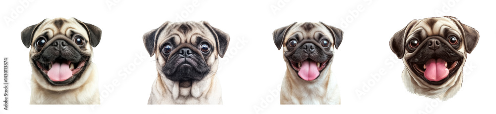 Pugs displaying various happy expressions on a transparent background Pugs displaying various happy expressions on a transparent background