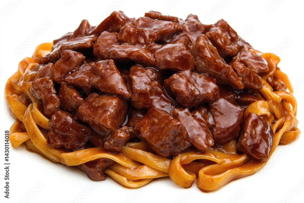 Beef and pasta dish, rich in flavor. A mound of savory beef, stir-fried with a glossy sauce, atop a bed of pasta Beef and pasta dish, rich in flavor. A mound of savory beef, stir-fried with a glossy sauce, atop a bed of pasta