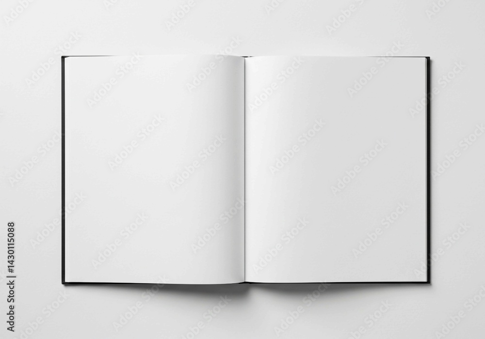 Fototapeta premium This image captures an open book, ideal for use as a template, featuring a black cover and the expansive white of its empty pages