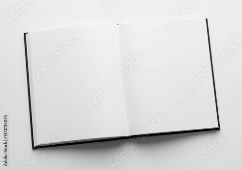 The open book, with its black cover and blank white pages, serves as a symbol of knowledge, learning, or a fresh start