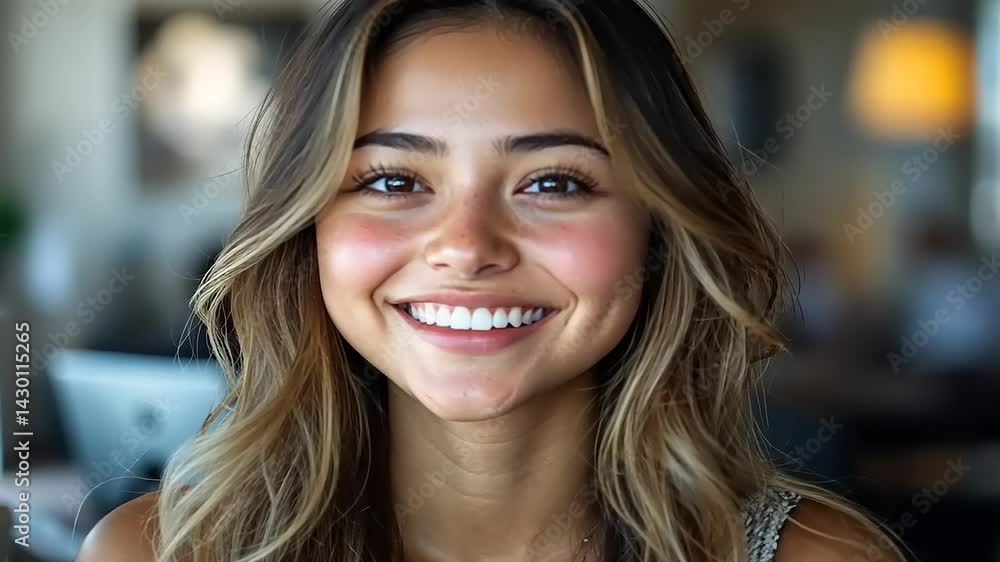 Young woman smiling in a cafe with soft lighting (1) Young woman smiling in a cafe with soft lighting (1)