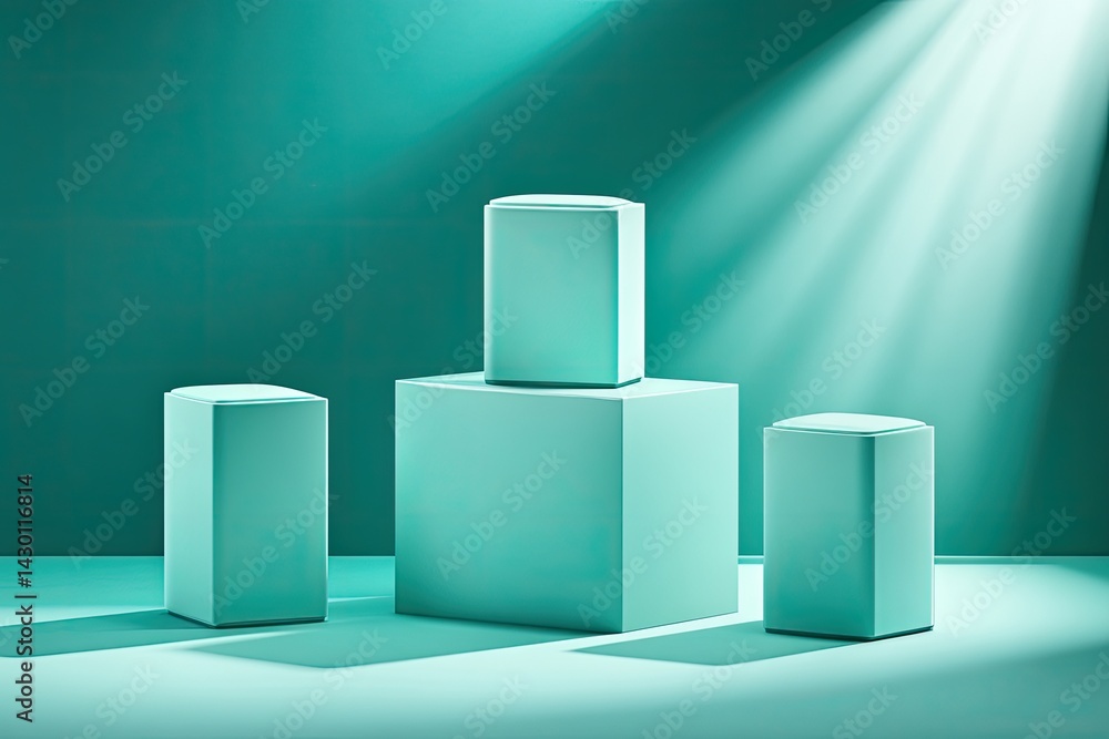 Three mint-colored display pedestals illuminated by spotlight Three mint-colored display pedestals illuminated by spotlight