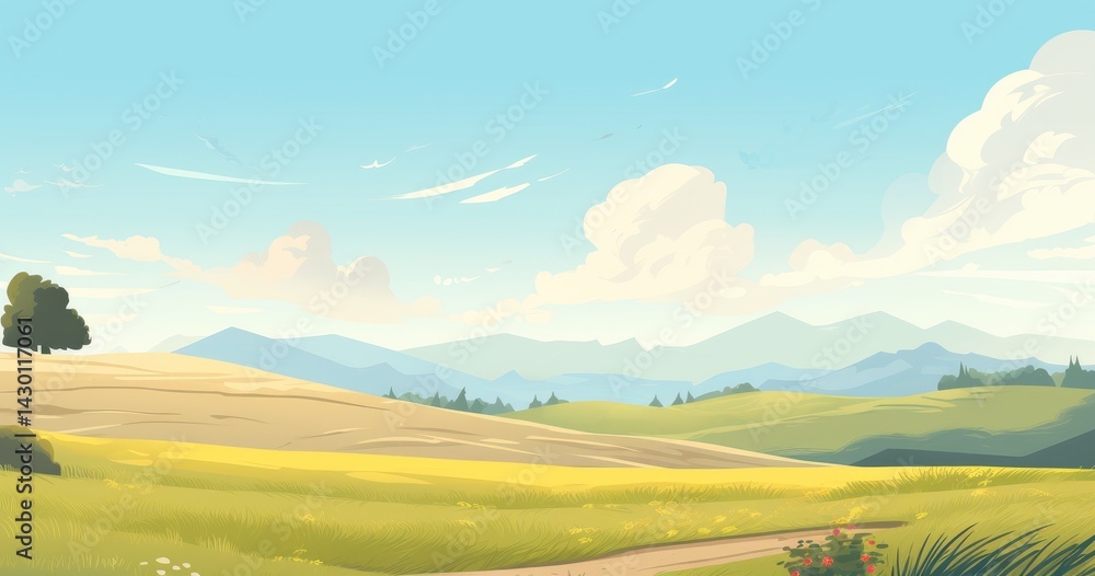 Fototapeta premium A sunny landscape simple, a minimalist flat. Eye