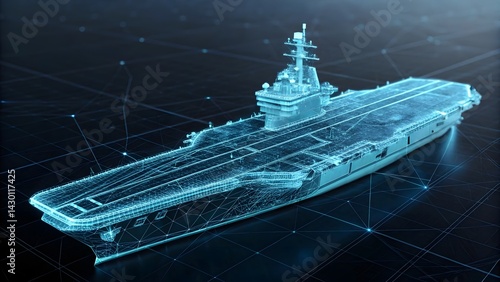 Aircraft Carrier Blueprint Hologram Technology Futuristic Naval Vessel Wireframe Model