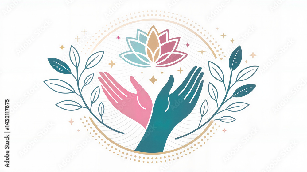 Fototapeta premium Two hands reaching toward flower in symbolic spiritual design