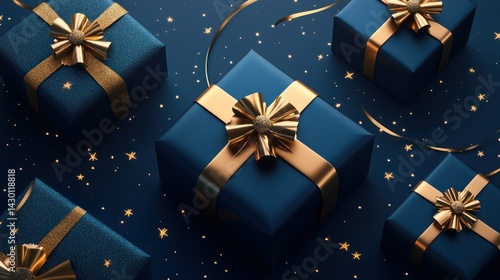 Navy blue gift boxes with gold ribbons and bows on dark blue background with gold stars.