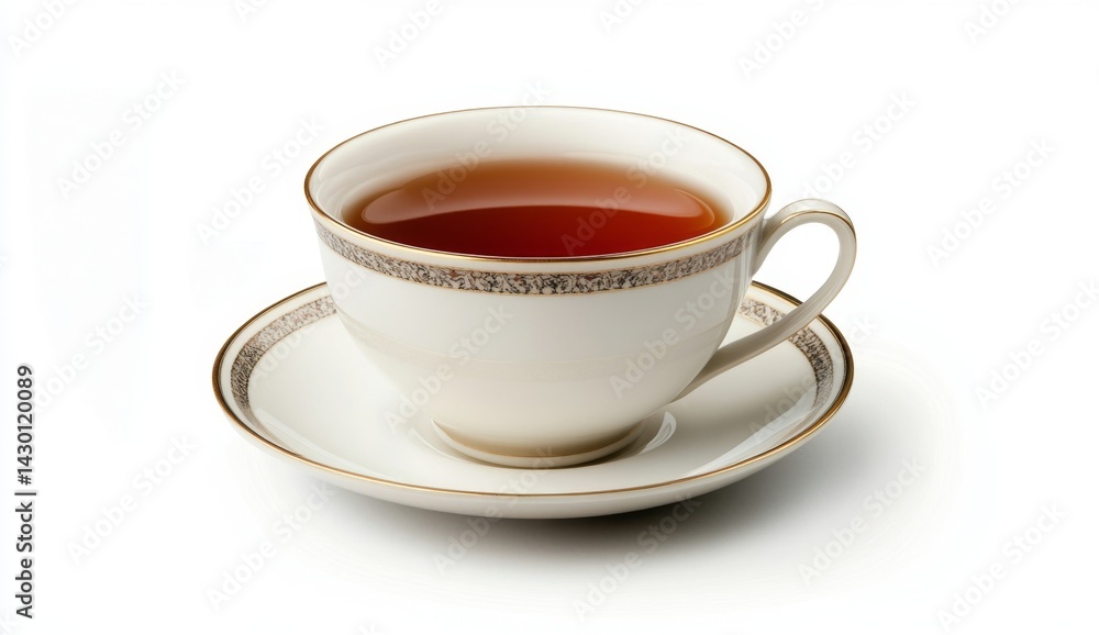 Delicate teacup and saucer, filled with hot tea, studio shot on white background Delicate teacup and saucer, filled with hot tea, studio shot on white background